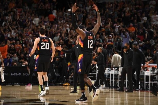 Torrey Craig of the Phoenix Suns celebrates during Round 2, Game 1 of the 2021 NBA Playoffs on June 7, 2021 at Phoenix Suns Arena in Phoenix,...