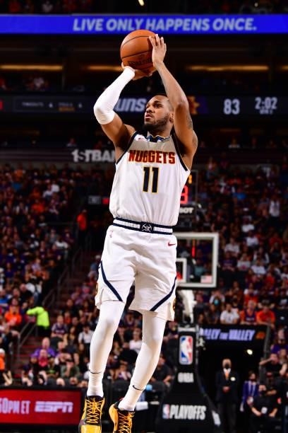 Monte Morris of the Denver Nuggets shoots the ball against the Phoenix Suns during Round 2, Game 1 of the 2021 NBA Playoffs on June 7, 2021 at...