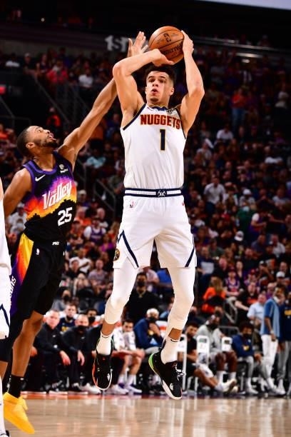 Michael Porter Jr. #1 of the Denver Nuggets shoots a three point basket against the Phoenix Suns during Round 2, Game 1 of the 2021 NBA Playoffs on...