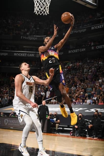 Mikal Bridges of the Phoenix Suns shoots the ball against the Denver Nuggets during Round 2, Game 1 of the 2021 NBA Playoffs on June 7, 2021 at...
