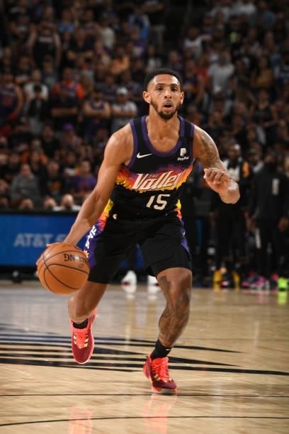 Cameron Payne of the Phoenix Suns dribbles the ball during Round 2, Game 1 of the 2021 NBA Playoffs on June 7, 2021 at Phoenix Suns Arena in Phoenix,...