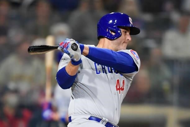 Anthony Rizzo of the Chicago Cubs hits a single during the fourth inning of a baseball game against the San Diego Padres at Petco Park on June 7,...