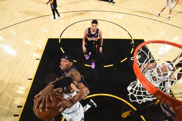 Torrey Craig of the Phoenix Suns blocks the ball during Round 2, Game 1 of the 2021 NBA Playoffs on June 7, 2021 at Phoenix Suns Arena in Phoenix,...