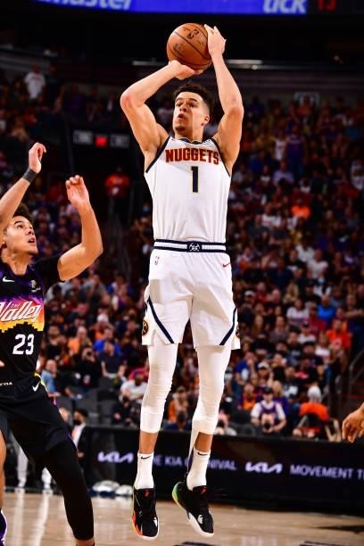 Michael Porter Jr. #1 of the Denver Nuggets shoots a three point basket against the Phoenix Suns during Round 2, Game 1 of the 2021 NBA Playoffs on...