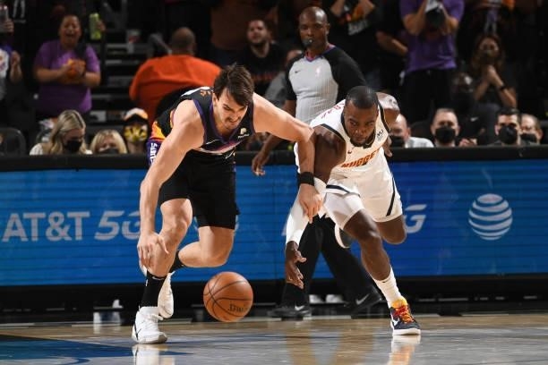 Dario Saric of the Phoenix Suns steals the ball during Round 2, Game 1 of the 2021 NBA Playoffs on June 7, 2021 at Phoenix Suns Arena in Phoenix,...