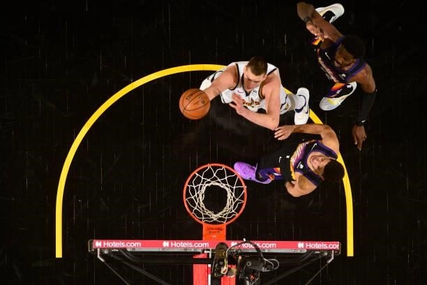 Nikola Jokic of the Denver Nuggets drives to the basket against the Phoenix Suns during Round 2, Game 1 of the 2021 NBA Playoffs on June 7, 2021 at...