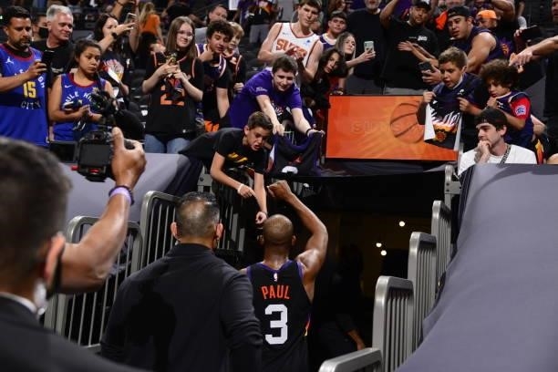 Chris Paul of the Phoenix Suns walks off the court after the game against the Denver Nuggets during Round 2, Game 1 of the 2021 NBA Playoffs on June...