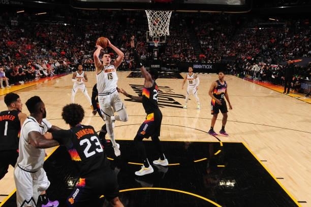 Nikola Jokic of the Denver Nuggets shoots the ball against the Phoenix Suns during Round 2, Game 1 of the 2021 NBA Playoffs on June 7, 2021 at...