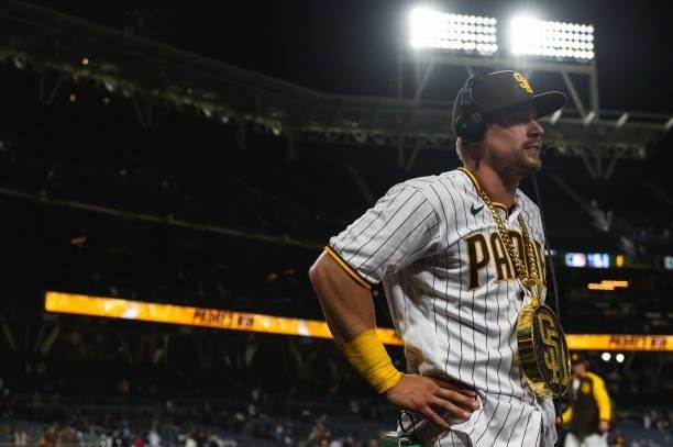 Brian O'Grady of the San Diego Padres wears the 'swag chain' in his postgame interview after defeating the Chicago Cubs at Petco Park on June 7, 2021...