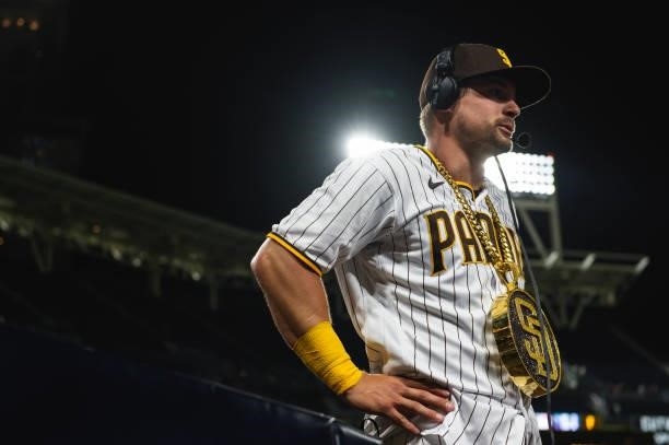 Brian O'Grady of the San Diego Padres wears the 'swag chain' in his postgame interview after defeating the Chicago Cubs at Petco Park on June 7, 2021...