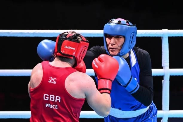 Lauren PRICE of Great Britain and Zenfira MAGOMEDALIEVA of Russia during the boxing tournament qualifiers for the Tokyo Olympics at Grand Dome on...