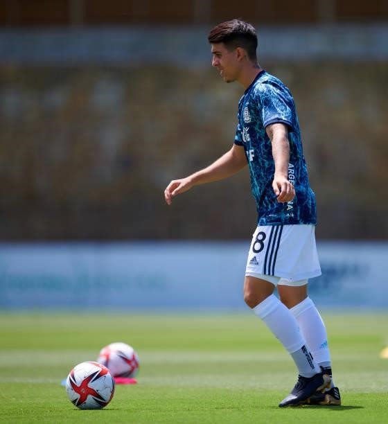 Santiago Colombatto of Argentina Under-23 controls the ball prior to the international friendly match between Denmark U21 and Argentina U23 at...