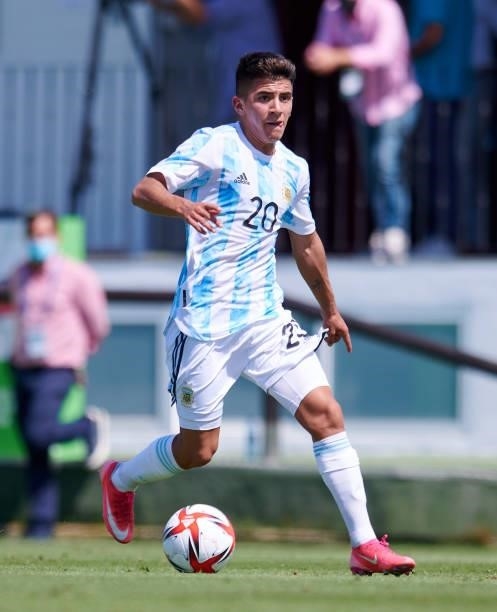 Thiago Almada of Argentina Under-23 controls the ball during the international friendly match between Denmark U21 and Argentina U23 at Marbella...