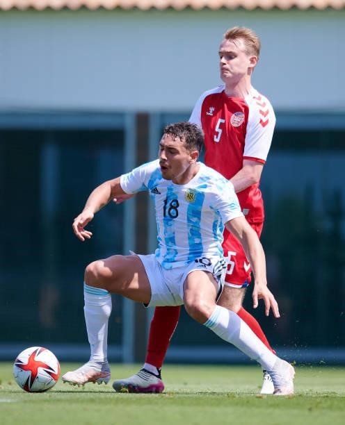 Ezequiel Ponce of Argentina Under-23 and Jacob Steen Christensen of Denmark Under-21 battle for the ball during the international friendly match...