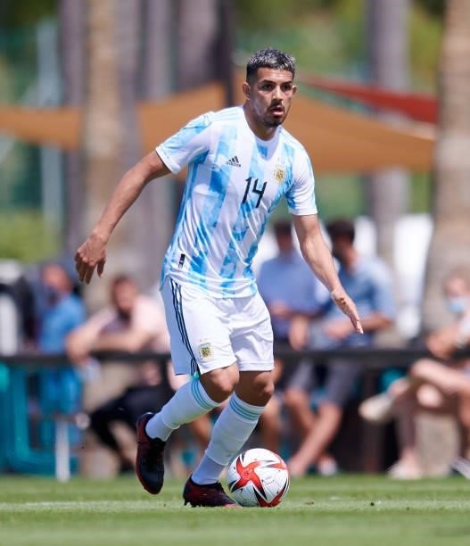 Facundo Axel Medina of Argentina Under-23 controls the ball during the international friendly match between Denmark U21 and Argentina U23 at Marbella...