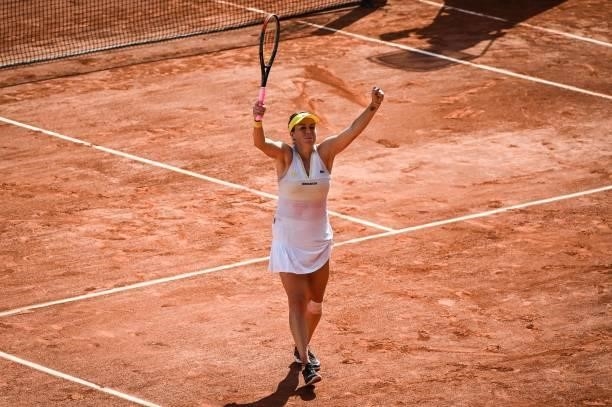 Anastasia PAVLYUCHENKOVA of Russia celebrates his victory during the sixth round of Roland Garros at Roland Garros on June 8, 2021 in Paris, France.
