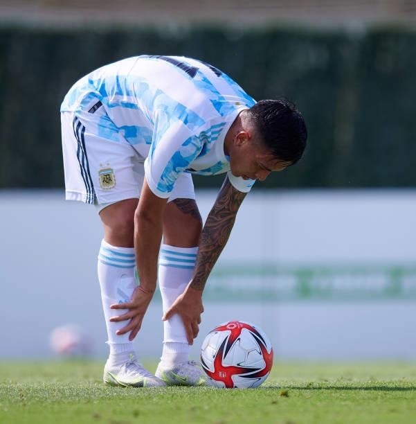 Ezequiel Barco of Argentina Under-23 looks on during the international friendly match between Denmark U21 and Argentina U23 at Marbella Football...