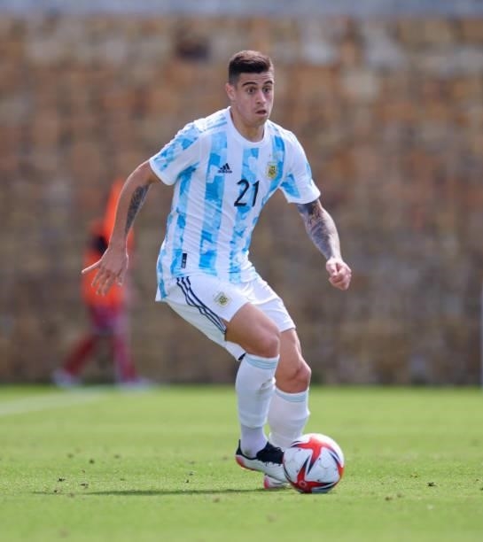 Martin Payero of Argentina Under-23 controls the ball during the international friendly match between Denmark U21 and Argentina U23 at Marbella...