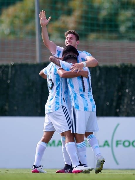 Fausto Mariano Vera of Argentina Under-23, Ezequiel Barco of Argentina Under-23 and Adolfo Julian Gaich of Argentina Under-23 celebrate a goal during...