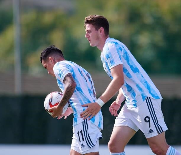 Ezequiel Barco of Argentina Under-23 and Adolfo Julian Gaich of Argentina Under-23 celebrate a goal during the international friendly match between...