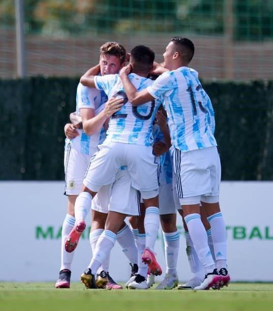 Argentina Under-23 players celebrate a goal during the international friendly match between Denmark U21 and Argentina U23 at Marbella Football Centre...