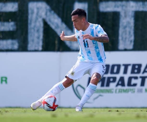 Ezequiel Barco of Argentina Under-23 controls the ball during the international friendly match between Denmark U21 and Argentina U23 at Marbella...