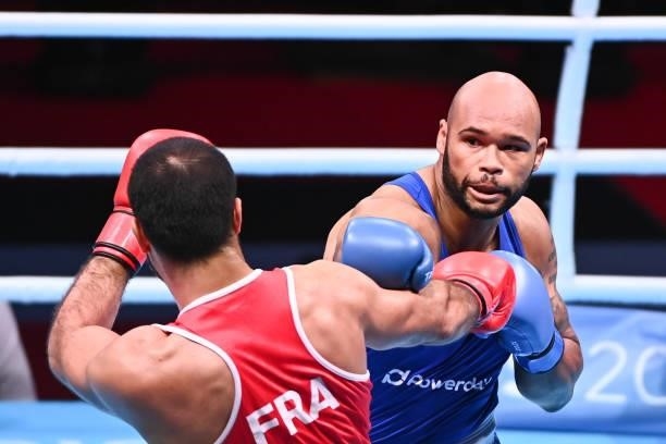 Aliev MOURAD of France and Frazer CLARKE of Great Britain during the boxing tournament qualifiers for the Tokyo Olympics at Grand Dome on June 8,...