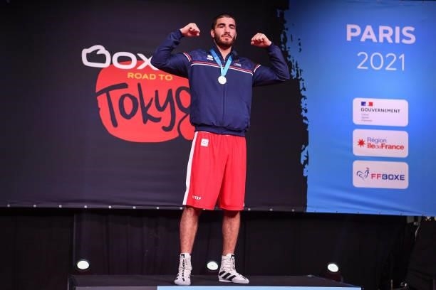 Mourad ALIEV of France celebrates during the boxing tournament qualifiers for the Tokyo Olympics at Grand Dome on June 8, 2021 in...