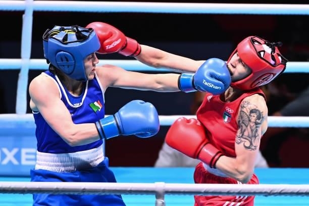 Irma TESTA of Italy and Michaela WALSH of Ireland during the boxing tournament qualifiers for the Tokyo Olympics at Grand Dome on June 8, 2021 in...