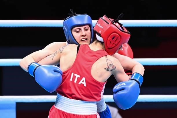 Irma TESTA of Italy and Michaela WALSH of Ireland during the boxing tournament qualifiers for the Tokyo Olympics at Grand Dome on June 8, 2021 in...