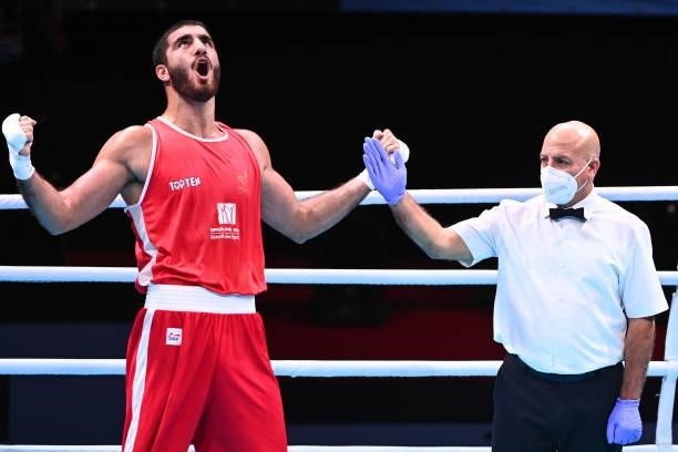 Aliev MOURAD of France celebrates during the boxing tournament qualifiers for the Tokyo Olympics at Grand Dome on June 8, 2021 in...
