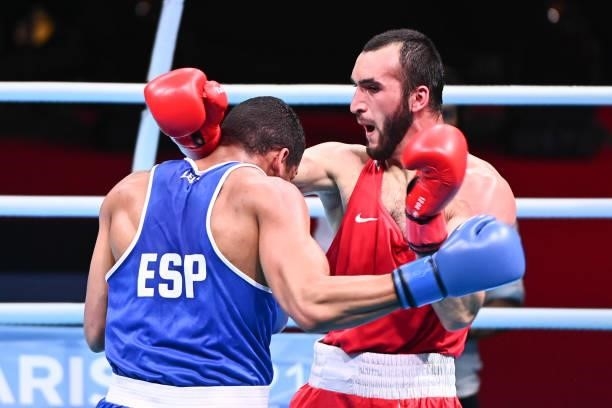 Muslim GADZHIMAGOMEDOV of Russia and Emmanuel REYES PLA of Spain during the boxing tournament qualifiers for the Tokyo Olympics at Grand Dome on June...