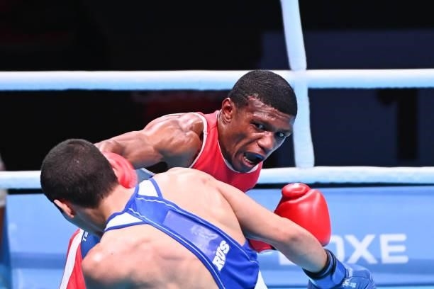 Samuel KISTOHURRY of France and Albert BATYRGAZIEV of Russia during the boxing tournament qualifiers for the Tokyo Olympics at Grand Dome on June 8,...