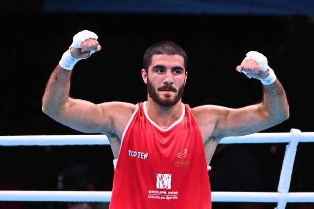 Aliev MOURAD of France celebrates during the boxing tournament qualifiers for the Tokyo Olympics at Grand Dome on June 8, 2021 in...