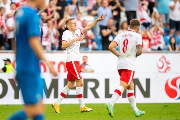 Karol Swiderski of Poland celebrates after scoring during the international friendly match between Poland and Iceland at Stadion Miejski on June 8,...