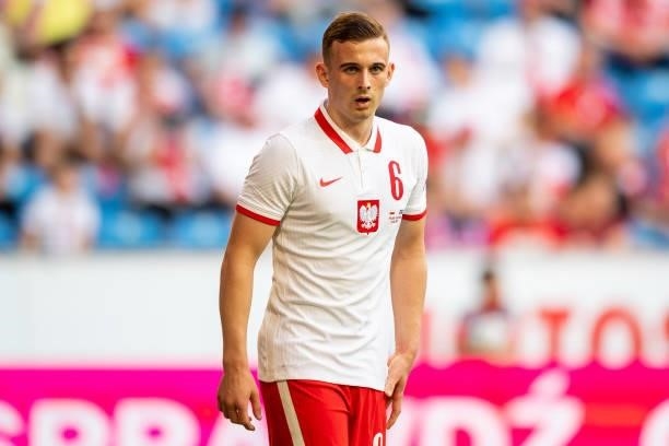 Kacper Kozlowski of Poland looks on during the international friendly match between Poland and Iceland at Stadion Miejski on June 8, 2021 in Poznan,...