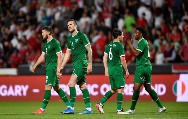 Budapest , Hungary - 8 June 2021; Republic of Ireland players, from left, Matt Doherty, Shane Duffy, Josh Cullen and Chiedozie Ogbene following the...