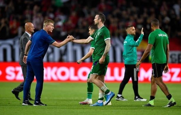 Budapest , Hungary - 8 June 2021; Republic of Ireland manager Stephen Kenny and Shane Duffy following the international friendly match between...