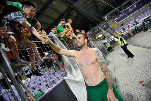 Budapest , Hungary - 8 June 2021; Shane Duffy of Republic of Ireland with supporters following the international friendly match between Hungary and...
