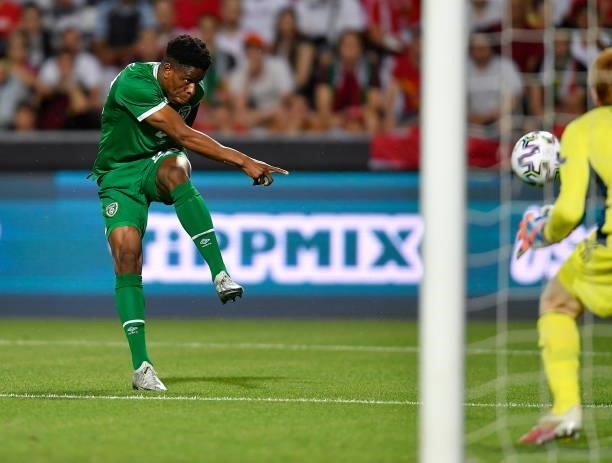 Budapest , Hungary - 8 June 2021; Chiedozie Ogbene of Republic of Ireland has a shot on goal on goal during the international friendly match between...