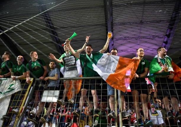 Budapest , Hungary - 8 June 2021; Republic of Ireland supporters following the international friendly match between Hungary and Republic of Ireland...