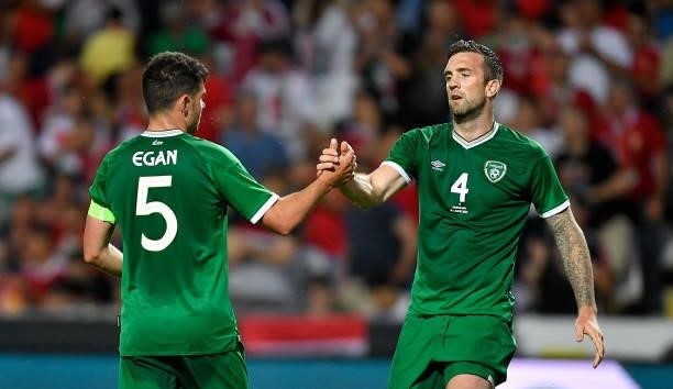 Budapest , Hungary - 8 June 2021; Shane Duffy, right, and John Egan of Republic of Ireland during the international friendly match between Hungary...