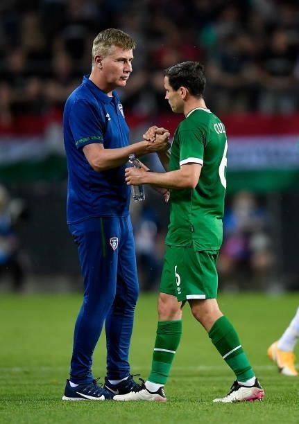 Budapest , Hungary - 8 June 2021; Republic of Ireland manager Stephen Kenny and Josh Cullen following the international friendly match between...