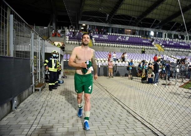 Budapest , Hungary - 8 June 2021; Shane Duffy make his way to Republic of Ireland supporters to give away his jersey following the international...