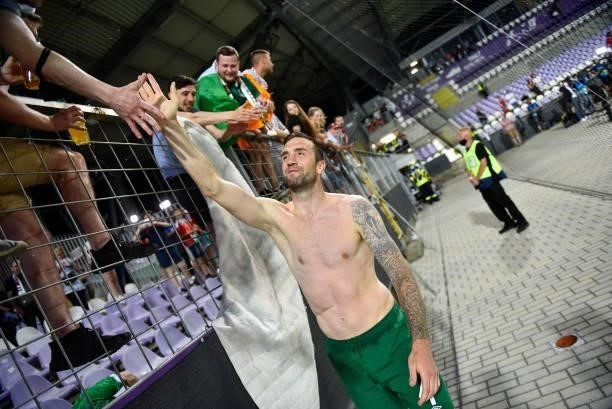 Budapest , Hungary - 8 June 2021; Shane Duffy of Republic of Ireland with supporters following the international friendly match between Hungary and...
