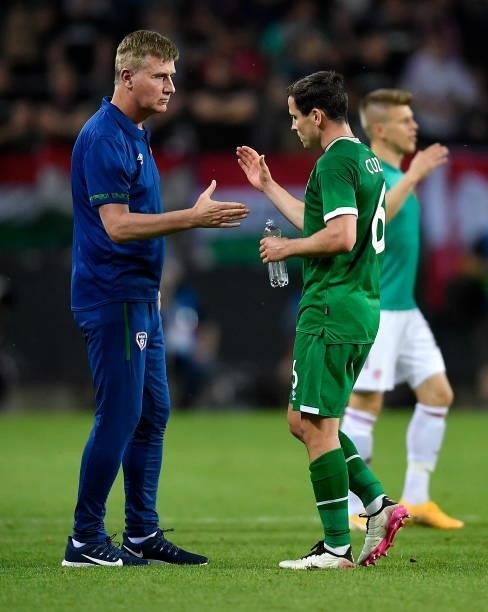 Budapest , Hungary - 8 June 2021; Republic of Ireland manager Stephen Kenny with Josh Cullen following the international friendly match between...