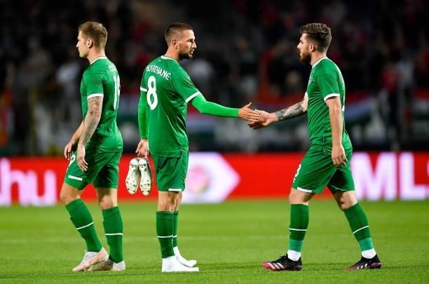 Budapest , Hungary - 8 June 2021; Conor Hourihane and Ryan Manning, right, of Republic of Ireland during the international friendly match between...