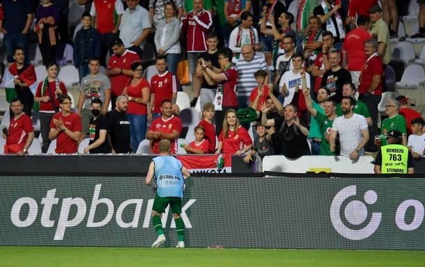 Budapest , Hungary - 8 June 2021; Daryl Horgan of Republic of Ireland throws his jersey to supporters following the international friendly match...