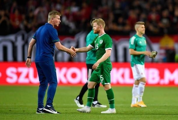 Budapest , Hungary - 8 June 2021; Republic of Ireland manager Stephen Kenny with Daryl Horgan following the international friendly match between...