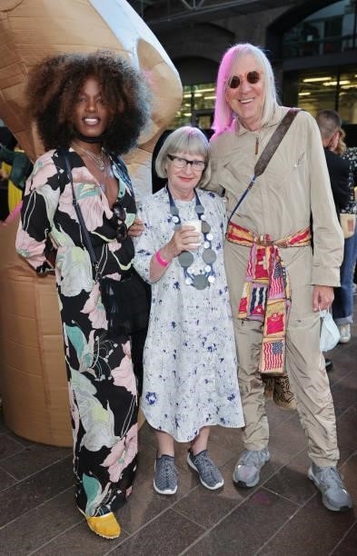 Winn Austin, Esme Young and Michael Costiff attend the Central Saint Martins BA Fashion Show 2021 in Granary Square on June 8, 2021 in London,...